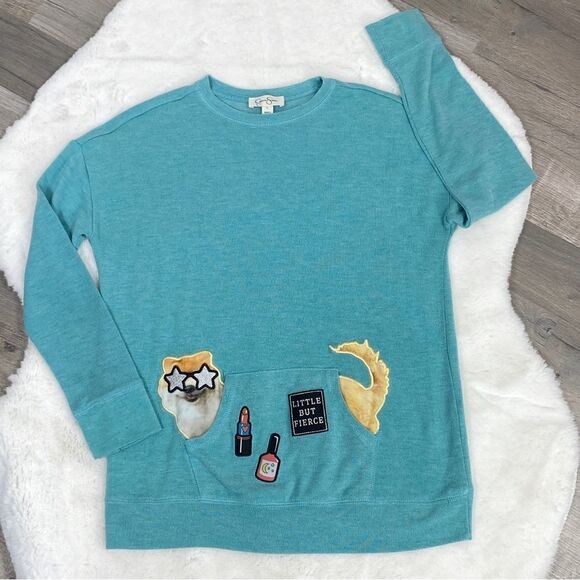 Jessica Simpson Front Pocket Pomeranian Sweater Teal Girls Large - Picture 1 of 10
